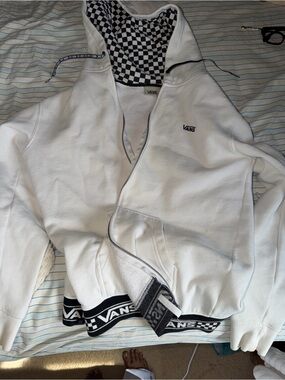Vans White Zip-Up Hoodie with Black Checker Hood Lining